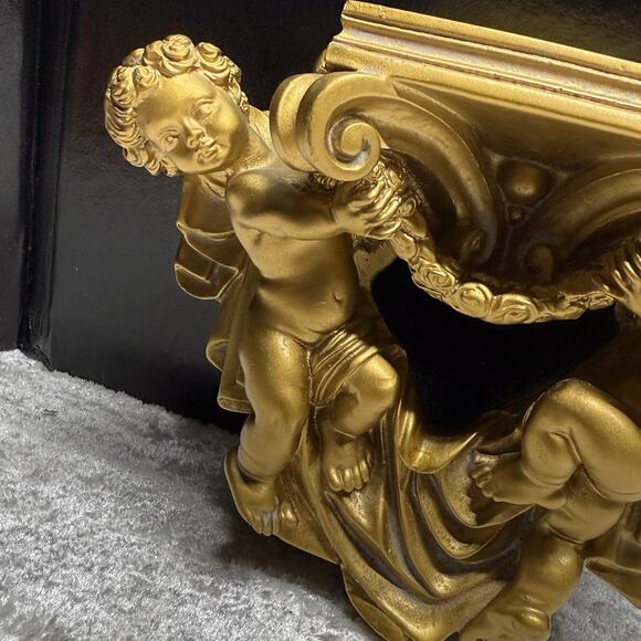 Vintage Cherub Angel Ornate Wall Gold Sconce Shelf Pair (2) - Picture 4 of 7